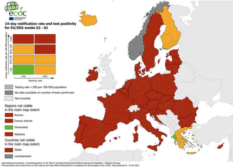 Χάρτης ECDC για τον covid στην Ευρώπη: Στην Ελλάδα οι μόνες «πράσινες» περιοχές